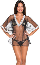 Load image into Gallery viewer, La Leela Net Deep V Neck Border Plain Transparent Tunic Cover up Matte Black