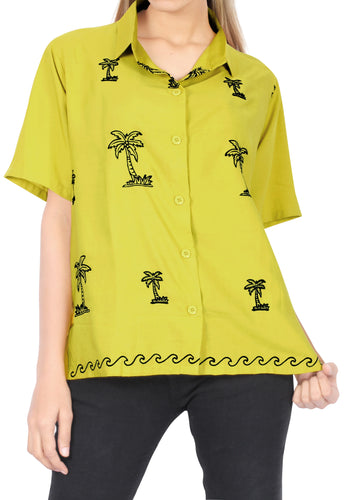 LA LEELA Women's Summer Beach Blouse Button Down Relaxed Camp Casual Shirt Palm