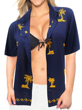 Load image into Gallery viewer, la-leela-womens-beach-casual-hawaiian-blouse-short-sleeve-button-down-shirt-aloha-blue