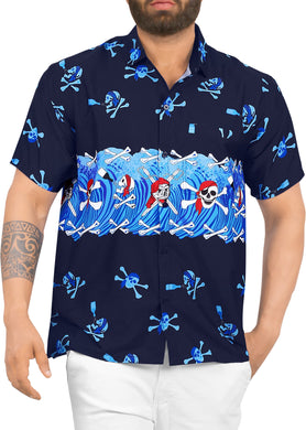 LA LEELA Men Regular Size Beach hawaiian Shirt Aloha Tropical Beach  front Pocket Short sleeve Blue