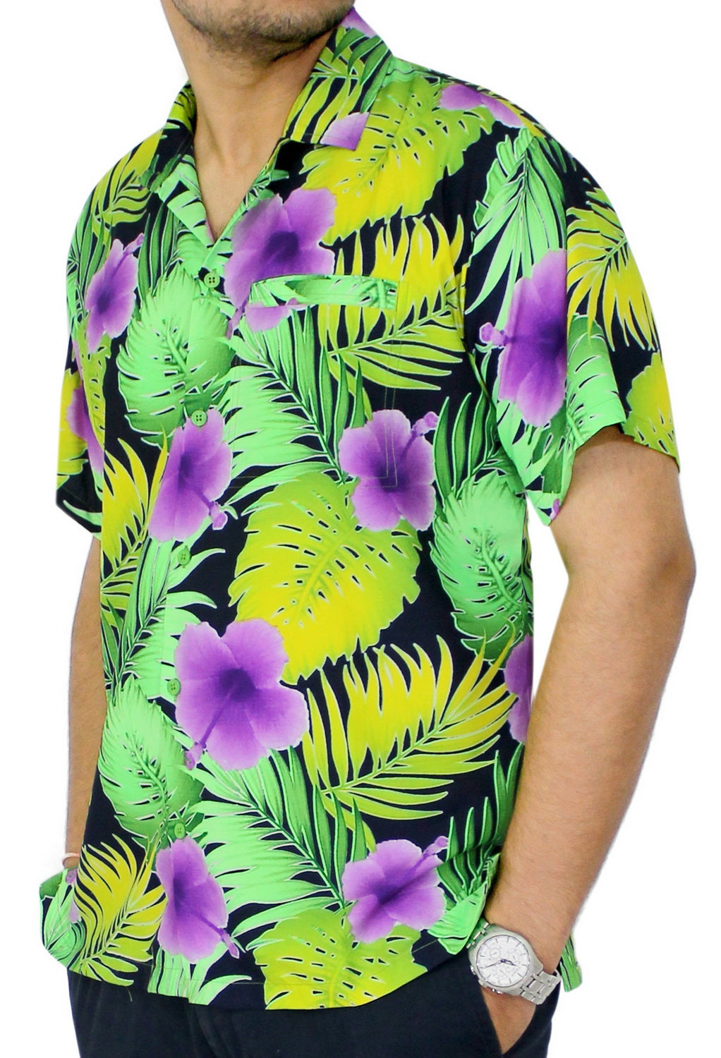 LA LEELA Men Regular Size Beach hawaiian Shirt Aloha Tropical Beach front  Pocket Short sleeve Violet