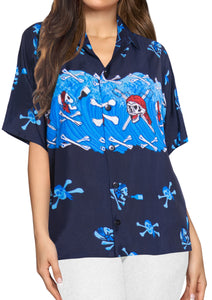 LA LEELA-Womens-Skull-Halloween-Costume-Casual-Beach-Hawaiian-Shirts-Printed-Blue-skull-pairate-printed