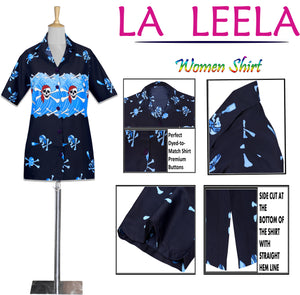 LA LEELA-Womens-Skull-Halloween-Costume-Casual-Beach-Hawaiian-Shirts-Printed-Blue-skull-pairate-printed