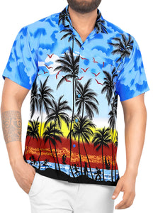 LA LEELA Men's Casual fit Beach hawaiian Shirt Aloha Tropical Beach  front Pocket Short sleeve Blue