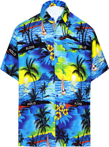 LA LEELA Men Casual Beach hawaiian Shirt Aloha theme Tropical Beach  front Pocket Short sleeve Blue