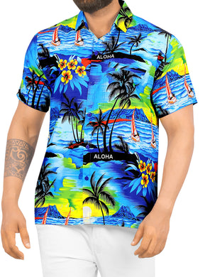 LA LEELA Men Casual Beach hawaiian Shirt Aloha theme Tropical Beach  front Pocket Short sleeve Blue