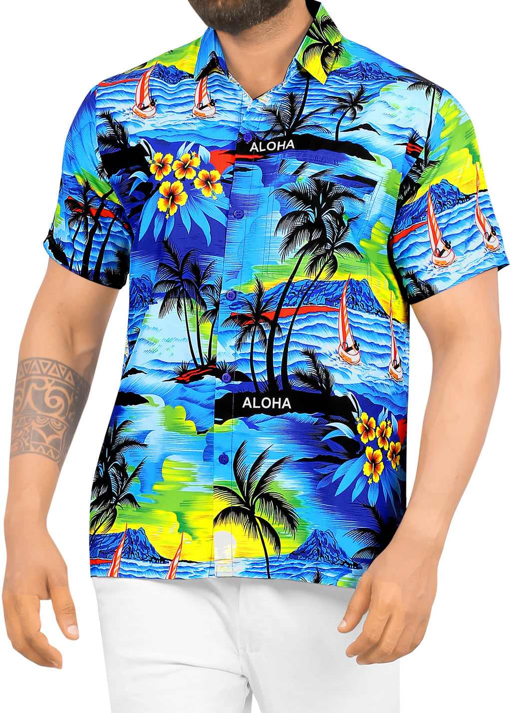 LA LEELA Men Casual Beach hawaiian Shirt Aloha theme Tropical Beach  front Pocket Short sleeve Blue