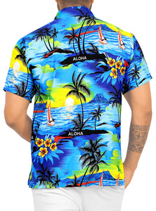 LA LEELA Men Casual Beach hawaiian Shirt Aloha theme Tropical Beach  front Pocket Short sleeve Blue