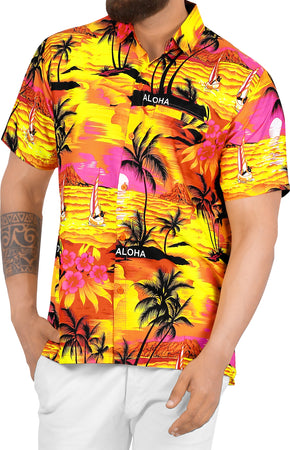 LA Leela Men's Aloha Hawaiian Shirt - Ivory With Hula Dancer Print, Lightweight Breathable Fabric, Size Medium - View #2