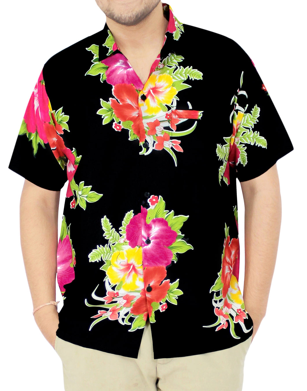 LA LEELA Men Regular Size Beach hawaiian Shirt Aloha Tropical Beach  front Pocket Short sleeve Pink