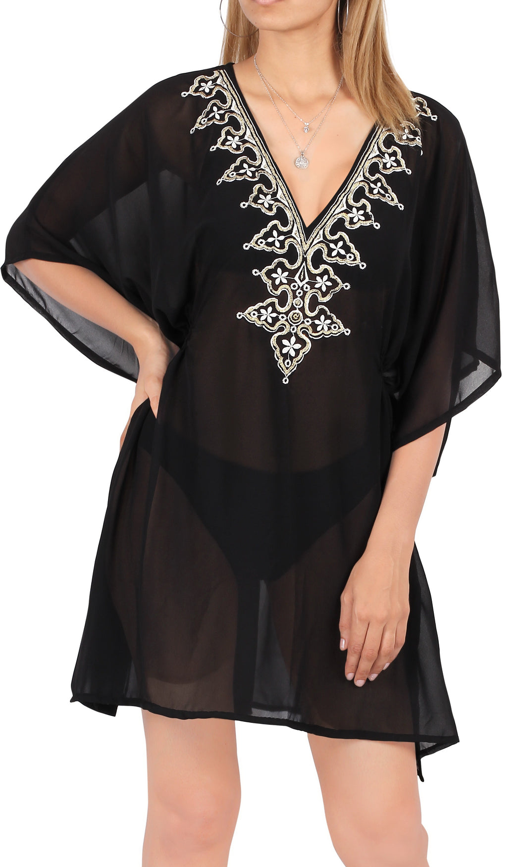 La Leela Chiffon Deep V Neck Designer Floral Leafy Kimono Women Cover up Black