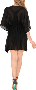 La Leela Chiffon Deep V Neck Designer Floral Leafy Kimono Women Cover up Black