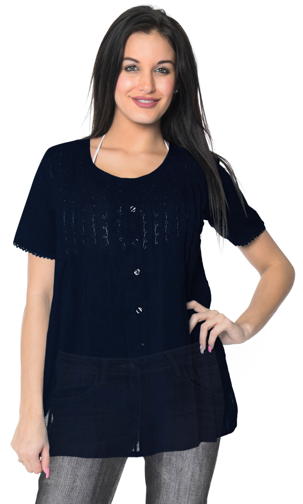 La Leela SOLID Tunic Top Blouse Shirt Round Neck Short Sleeve Beach Coverup M