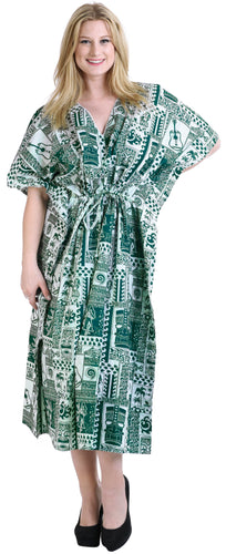 LA LEELA Lounge Caftan Likre Printed Resort Wear Kaftan Blouse Beach Dress Designer Cover ups Green_S287