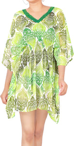 La Leela Vintage Art Lightweight Chiffon Beach Bikini Coverup Caftan Dress Green