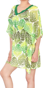 La Leela Vintage Art Lightweight Chiffon Beach Bikini Coverup Caftan Dress Green