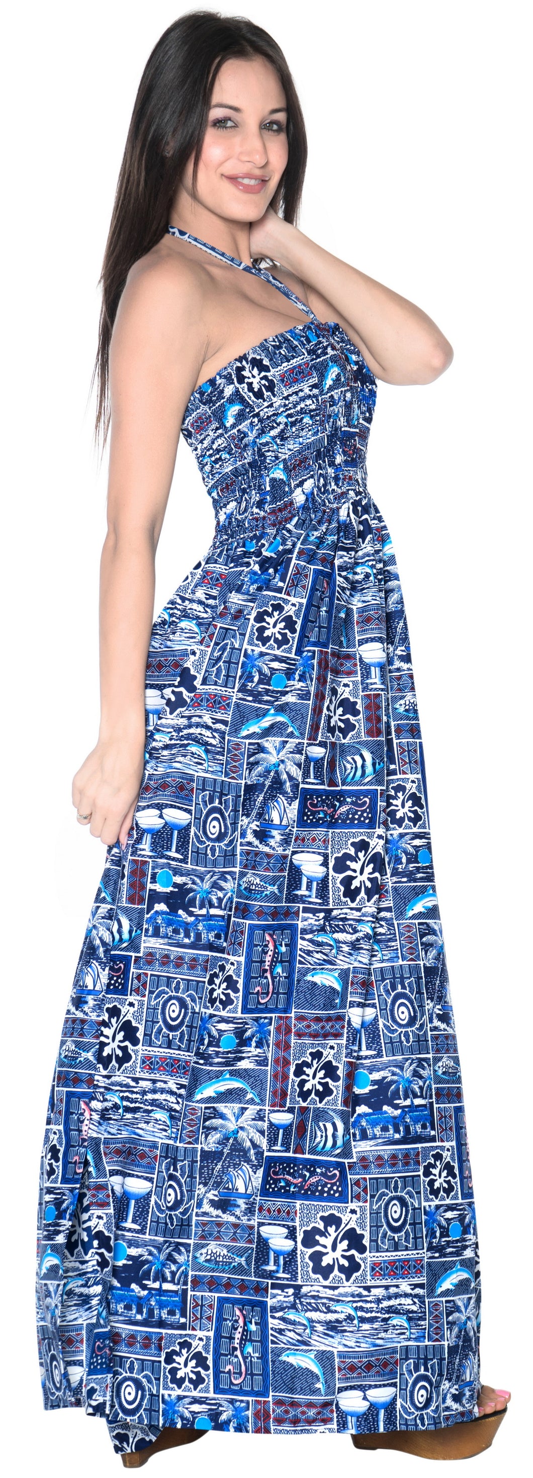 LA LEELA Long Maxi Hawaiian Halter Neck Tube Dress For Women With Sea Creatures And Floral Print All Over Everyday Casual Wear