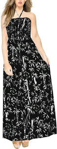 LA LEELA Long Maxi Tube Dress With Palm Leaves Print All Over Halter Neck For Women Casual Outing Everyday Homewear Outfit Female