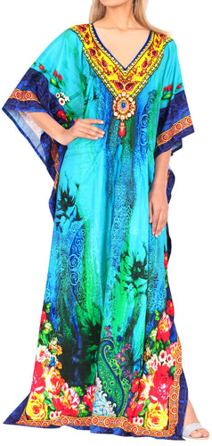 LA LEELA Lounge Caftan fabric Digital HD Print Resort Dress Women OSFM 14-22 [L-3X] Multicolor_3573