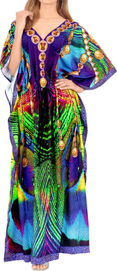 Peacock Feather Long Multi Color Abstarct Printed Caftan For Women