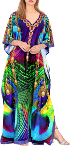 Peacock Feather Long Multi Color Abstarct Printed Caftan For Women
