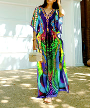 Load image into Gallery viewer, Peacock Feather Long Multi Color Abstarct Printed Caftan For Women