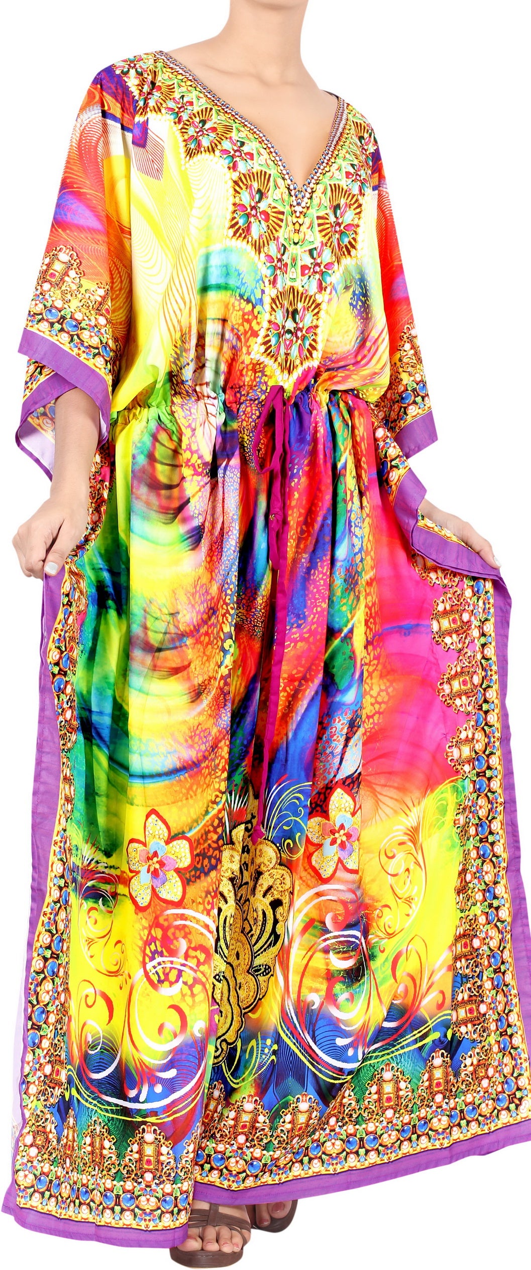 Floral Long Multi Color Abstarct Printed Caftan For Women