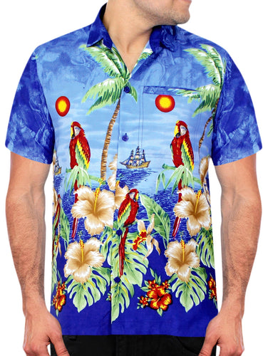 LA LEELA Shirt Casual Button Down Short Sleeve Beach Shirt Men Aloha Pocket shirt Blue_W359