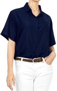 LA LEELA Women's Beach Casual Hawaiian Blouse Short Sleeve button Down Shirt Navy Blue