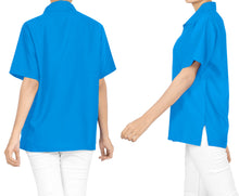 Cargar imagen en el visor de la galería, LA LEELA Women&#39;s Beach Casual Hawaiian Blouse Short Sleeve button Down Shirt Blue