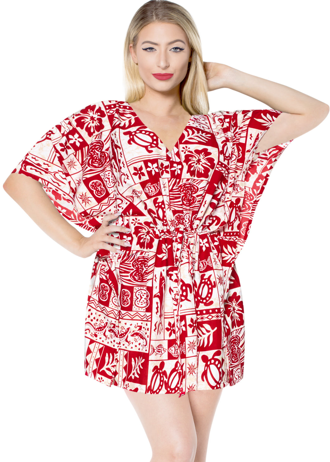 la-leela-bikni-swimwear-soft-fabric-printed-beachwear-loose-cover-up-Red-White-short_Kimono