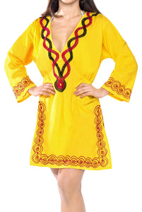 Cover up Tunic Top Embroidered Long Sleeves Ladies Bathing Suit Swim Yellow