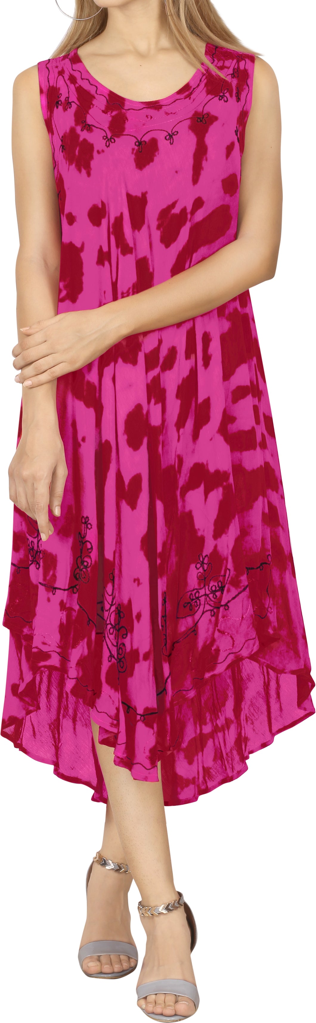 Women's Tie Dye Casual Rayon Embroidered Sleeveless Loose Maxi Beach Dress Pink