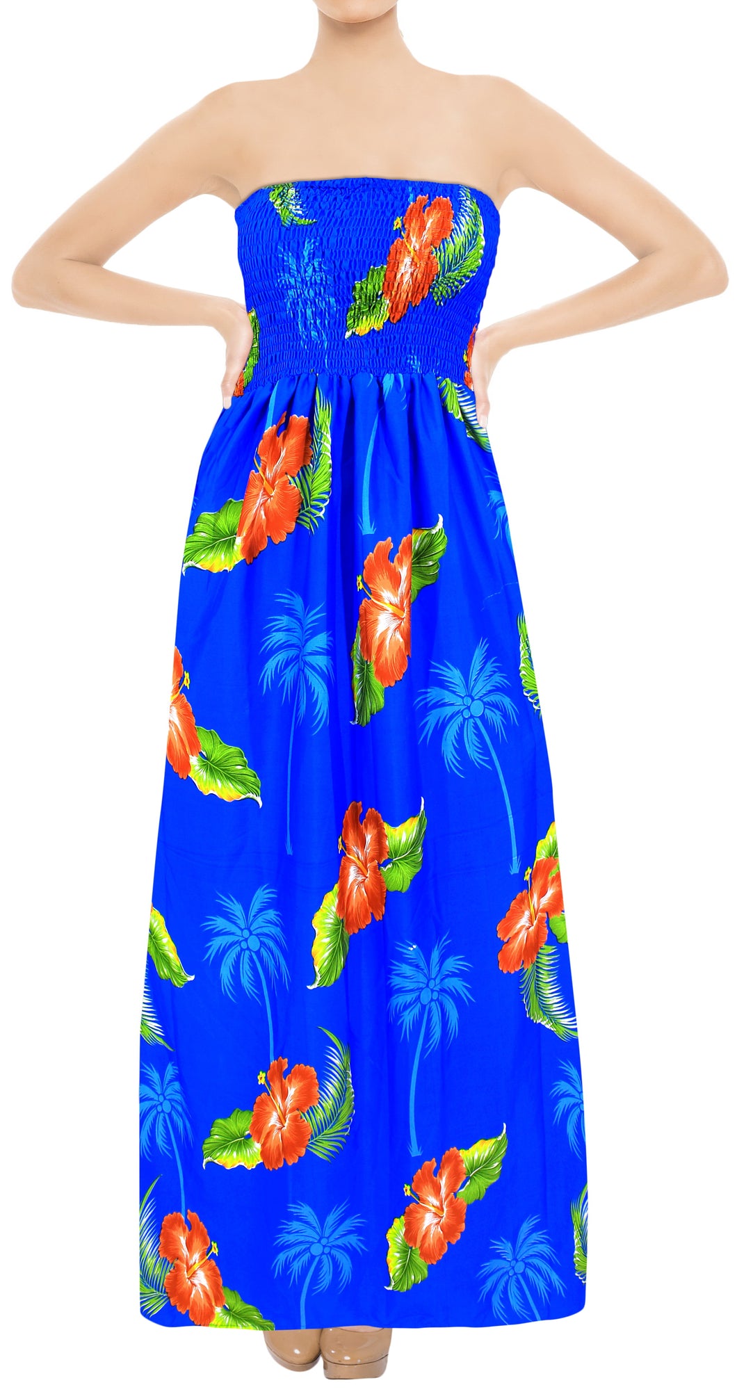 LA LEELA Long Maxi Strappy Tube Dress With Palm Tree And Flower Print For Women Casual Beachwear Chic Everyday Sundress