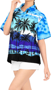 LA LEELA Women's Beach Casual Hawaiian Blouse Short Sleeve button Down Shirt Cover up Blue