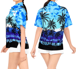 LA LEELA Women's Beach Casual Hawaiian Blouse Short Sleeve button Down Shirt Cover up Blue