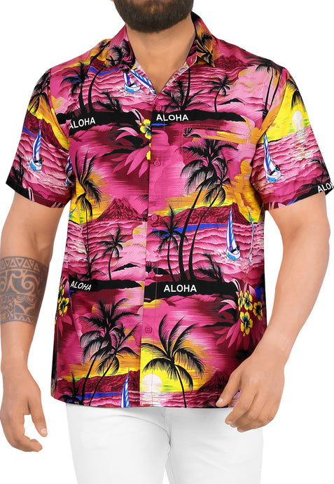 LA LEELA Men's Pink Breast Cancer Shirt Breezy Surf Hawaiian Tropical Aloha Beach Short Sleeve Casual Shirt Pink_W33