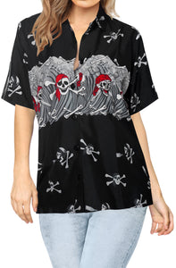 LA LEELA-Womens-Skull-Halloween-Costume-Casual-Beach-Hawaiian-Shirts-Printed-Black