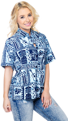 LA LEELA Women's Beach Casual Hawaiian Blouse Short Sleeve button Down Shirt Aloha Navy Blue