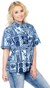 LA LEELA Women's Beach Casual Hawaiian Blouse Short Sleeve button Down Shirt Aloha Navy Blue