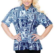 Load image into Gallery viewer, LA LEELA Women&#39;s Beach Casual Hawaiian Blouse Short Sleeve button Down Shirt Aloha Navy Blue