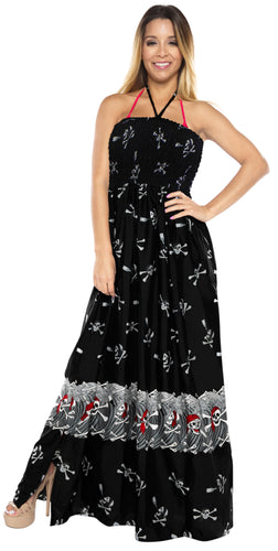 LA LEEL Beach Swimwear Soft Printed Cruise Vintage Vacation Tube Dress Women Black pirates Halloween theme