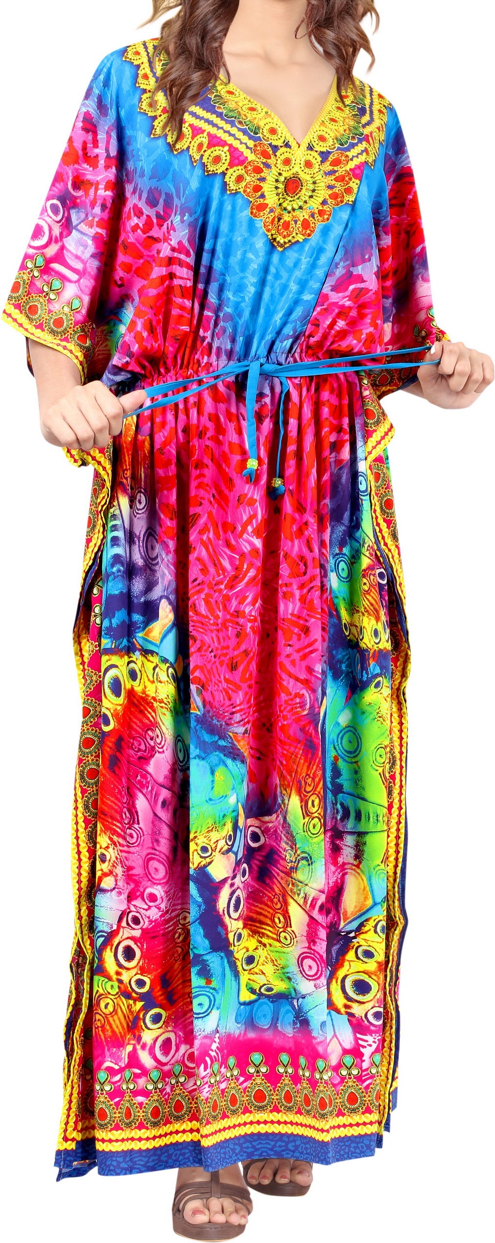 LA LEELA 2 Digital Women's Kaftan Kimono Summer Beachwear Cover up Dress o933