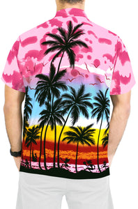 LA LEELA Hawaiian Shirt for Men Short Sleeve Front-Pocket Beach Palm Tree pink