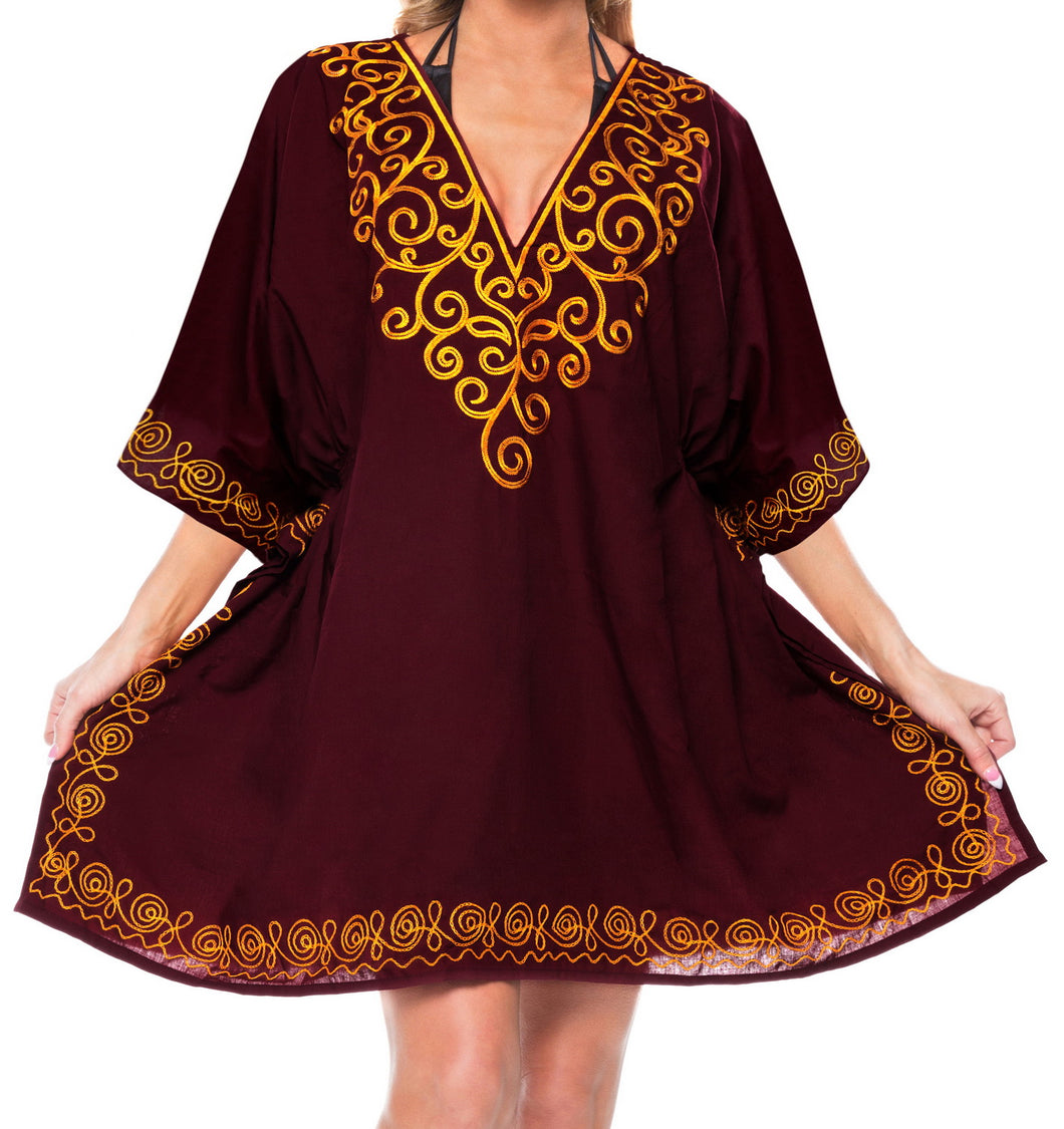 Women's Neck Embroidered Bikini Swimwear Swimsuit Beach Blouse Cover up Brown