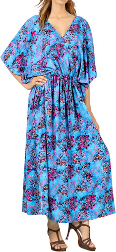 LA LEELA Likre Digital Long Caftan Vacation Girls Blue_760 OSFM 14-22W [L-3X] Blue_I162