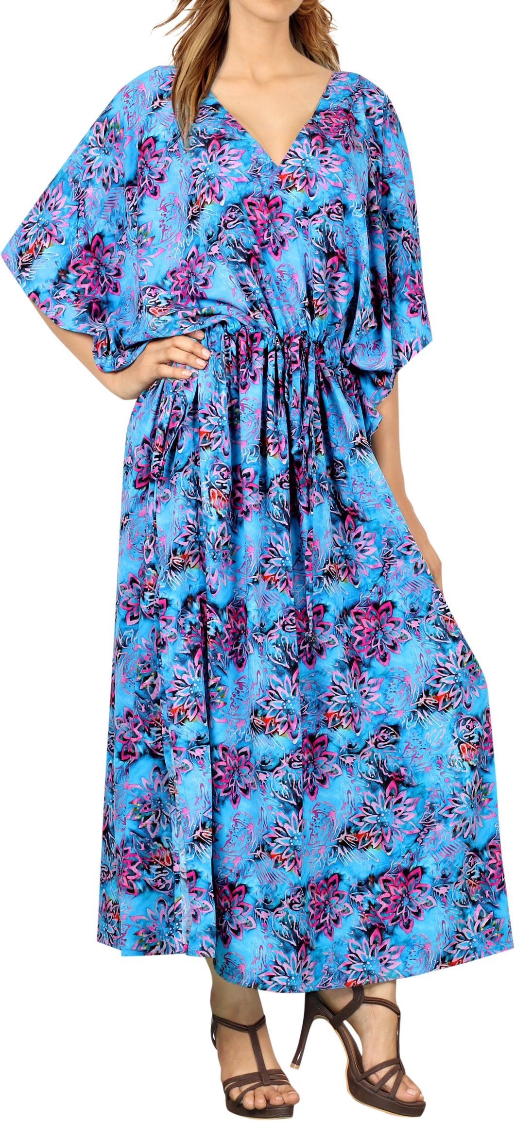 LA LEELA Likre Digital Long Caftan Vacation Girls Blue_760 OSFM 14-22W [L-3X] Blue_I162