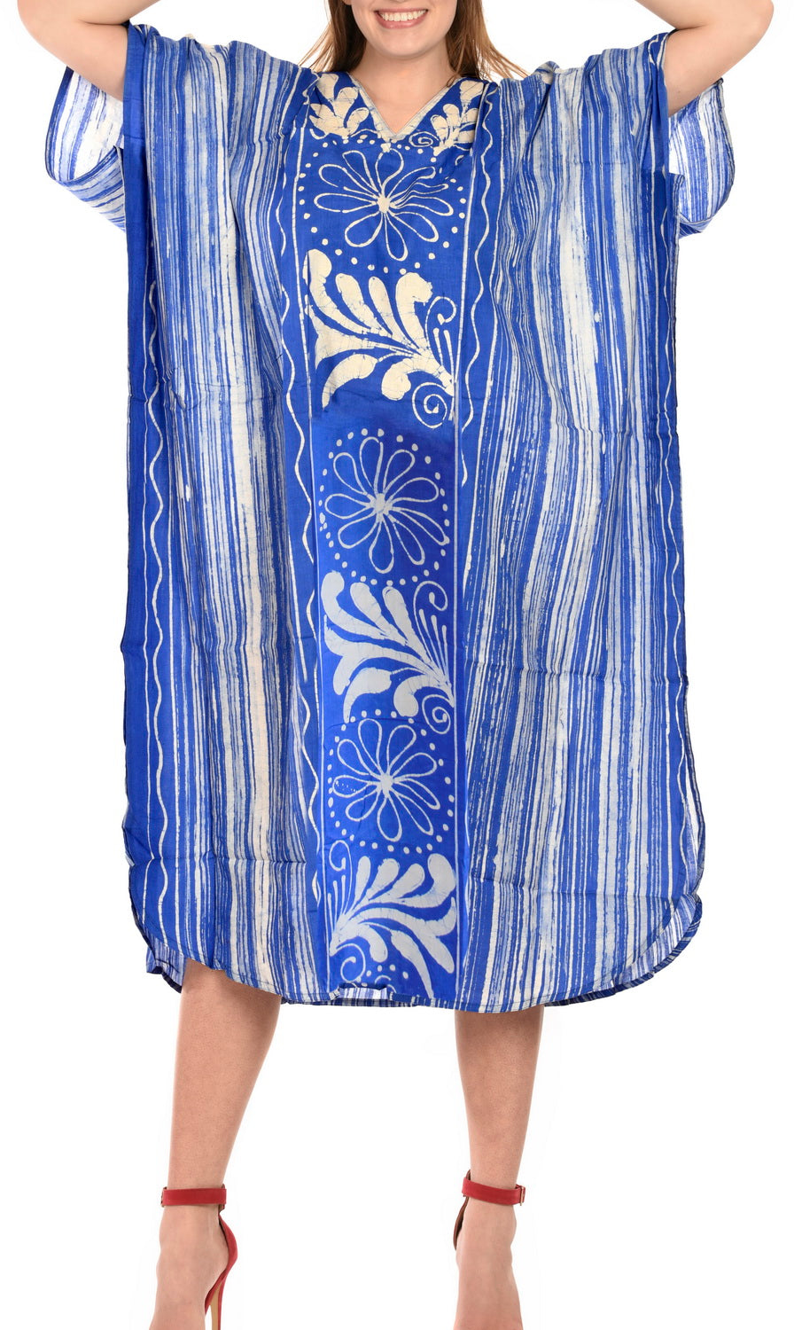 la-leela-cotton-batik-womens-kaftan-kimono-summer-beachwear-cover-up-dress-Blue