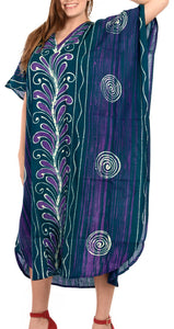 LA LEELA Cotton Batik Printed Women's Kaftan Kimono Summer Beachwear Cover up Dress  Green_D316