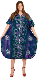 LA LEELA Cotton Batik Printed Women's Kaftan Kimono Summer Beachwear Cover up Dress  Green_D316